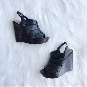 Saks Fifth Avenue Black Leather Wood Wedges